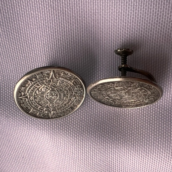 Vintage Aztec Sunstone Calendar Sterling Silver Earrings 925 Designer - Picture 4 of 7
